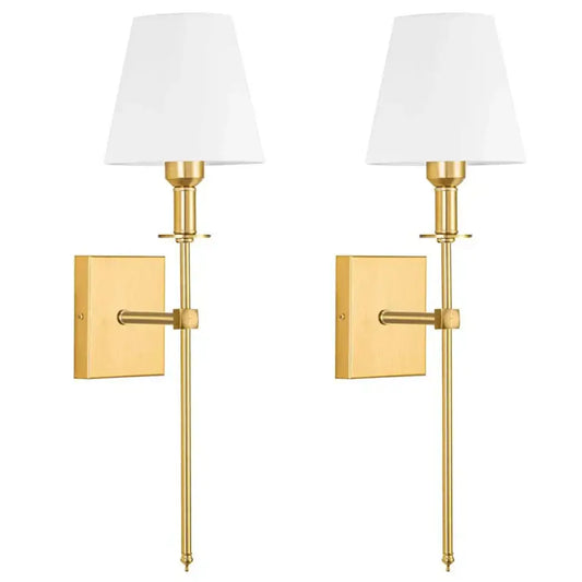Pair of brass-finished wall sconces with white decorbites cloth lampshade wall design for bathroom mirror decor