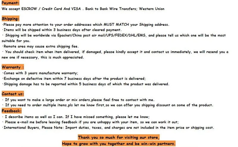 The image shows a text-heavy document with payment, shipping, warranty, and contact details for a brass antique bathroom sink faucet