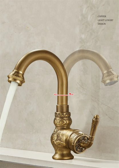 Antique bathroom sink faucet in brass finish featuring ornate floral and scrollwork detailing on copper material
