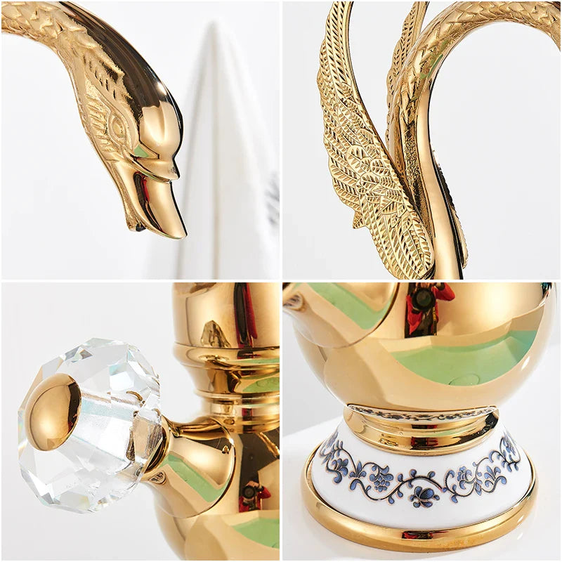 Brass basin faucet deck mounted featuring antique brass golden swan design with crystal knob and blue floral base