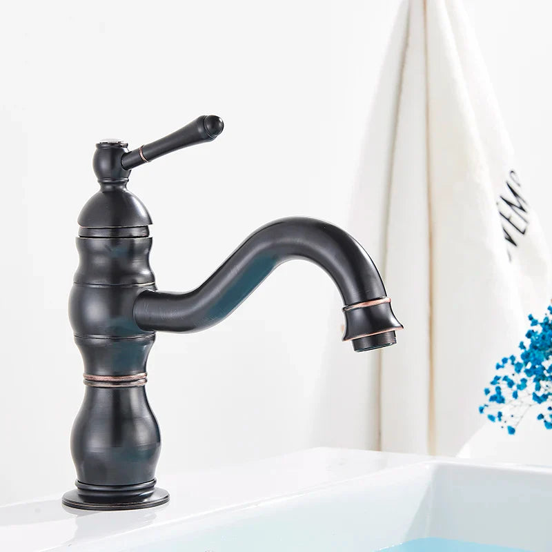 Antique black finish brass bathroom basin mixer faucet with elegant curved spout and decorative brass accents