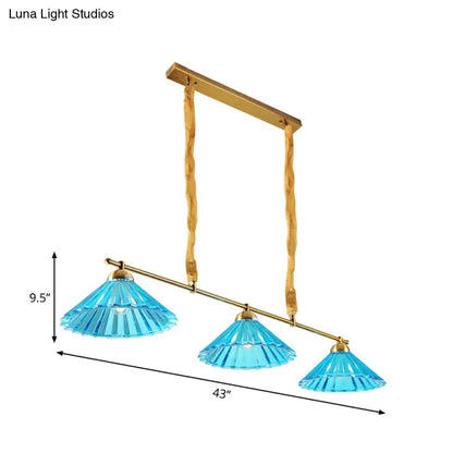 Decorbites™ blue ribbed glass cone pendant light with gold metal frame and rope suspension for dining room lighting