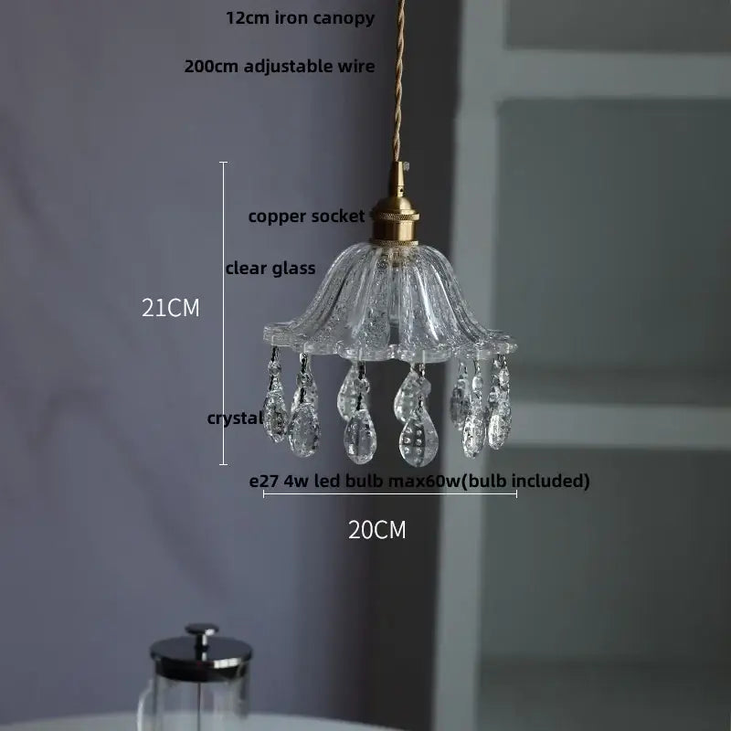 A 21cm brass crystal clear glass led pendant light with copper socket and crystal droplets for dining room decorbites
