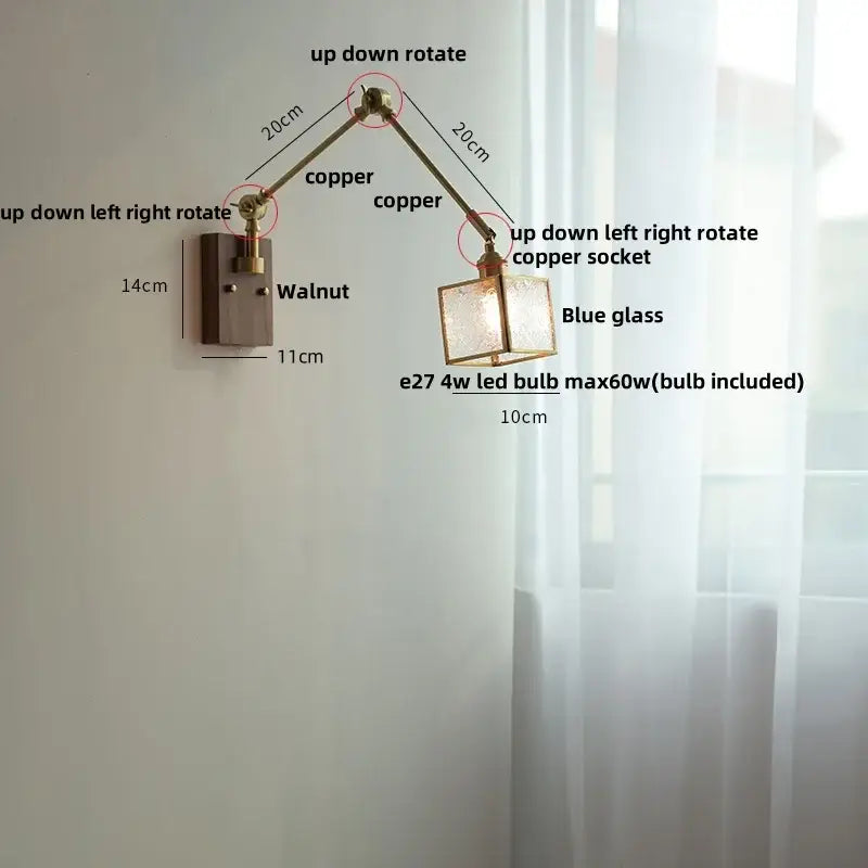 Adjustable copper wall sconce with decorbites ash wood base and blue glass shade for bedroom lighting