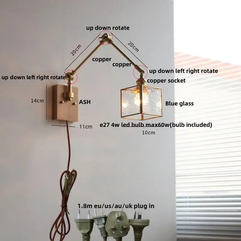 Adjustable brass decorbites ash wood wall sconce with blue glass cube shade for bedroom led lighting