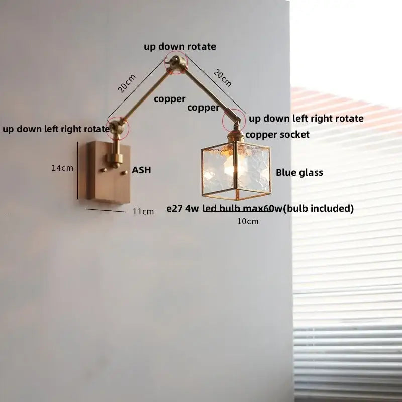 Adjustable brass decorbites ash wood wall sconce with blue glass cube shade and ash wood led for bedroom lighting