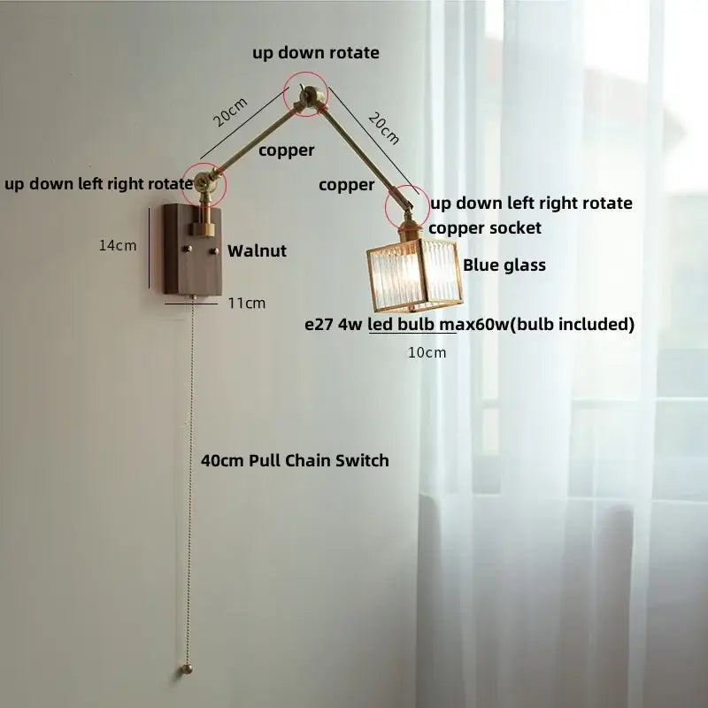 Adjustable brass decorbites ash wood wall sconce with blue glass shade and walnut-finished mounting plate for bedroom light