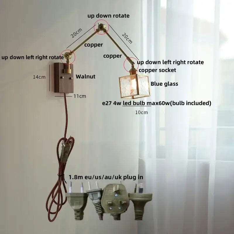 Adjustable copper wall sconce with blue glass shade and walnut-finished decorbites ash wood mounting plate for bedroom lighting