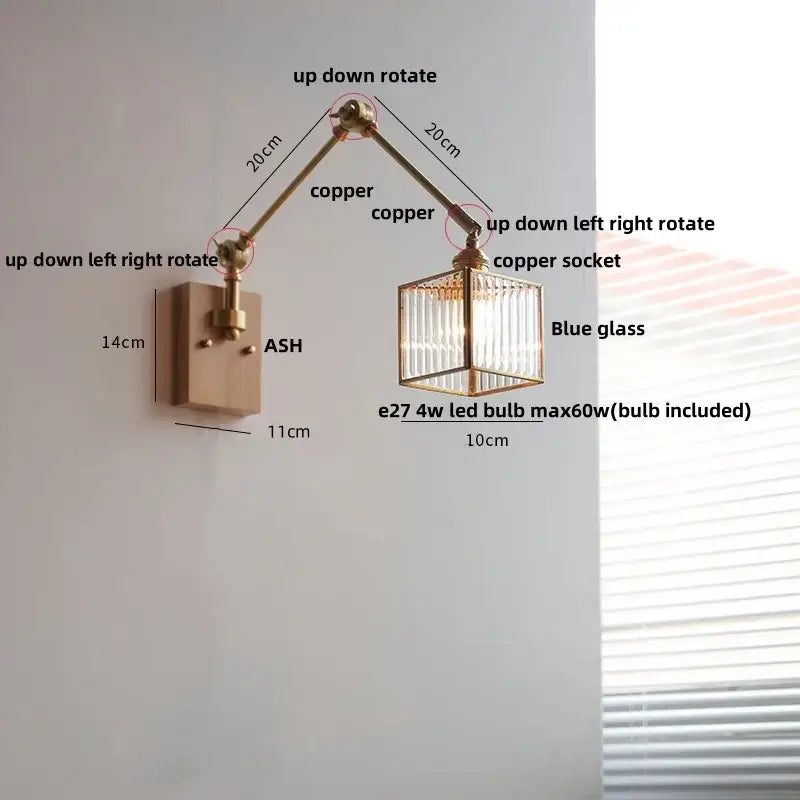 Adjustable copper wall sconce with blue glass cube shade and decorbites ash wood for bedroom led lighting
