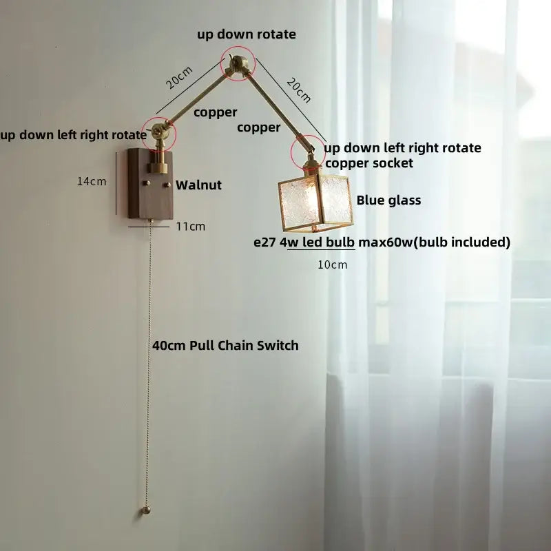 Adjustable brass decorbites ash wood wall sconce with blue glass shade and walnut-finished mounting plate for bedroom light