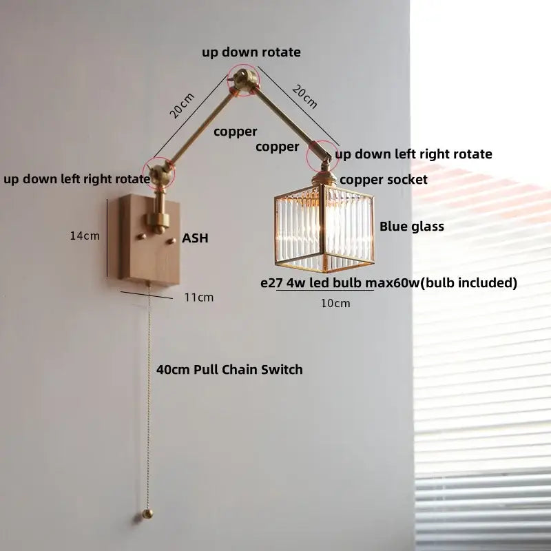 Copper-finished adjustable wall sconce with blue glass cube shade and ash wood led bulb for decorbites bedroom lighting