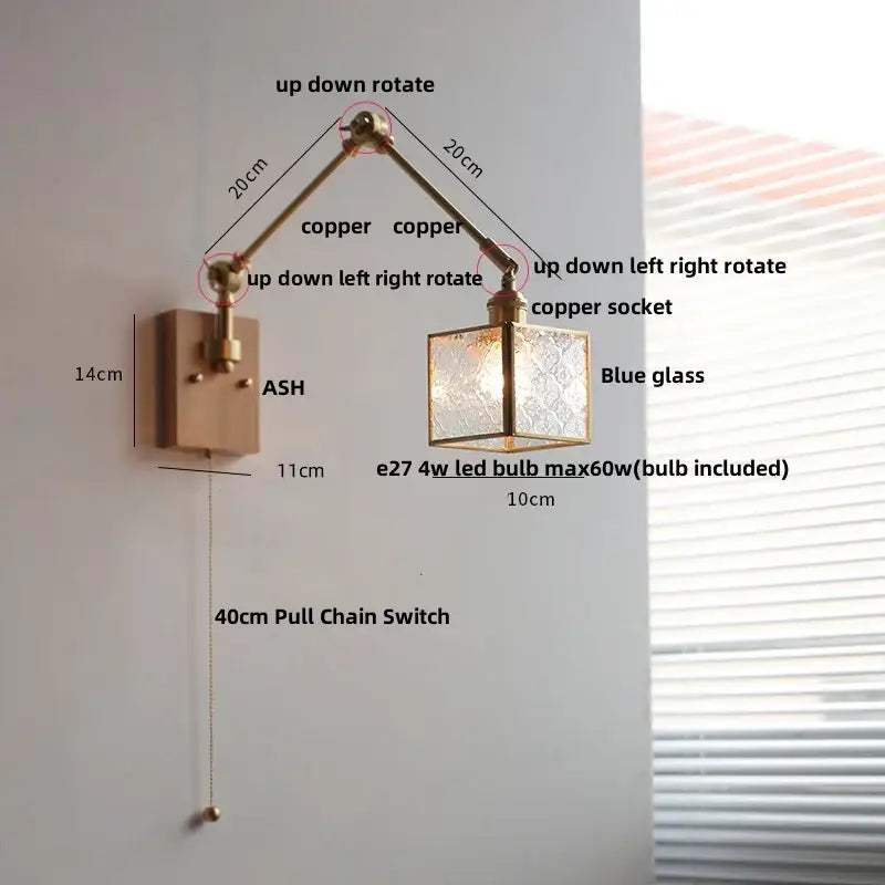 Copper-finished adjustable wall sconce with blue glass shade and decorbites ash wood for bedroom lighting