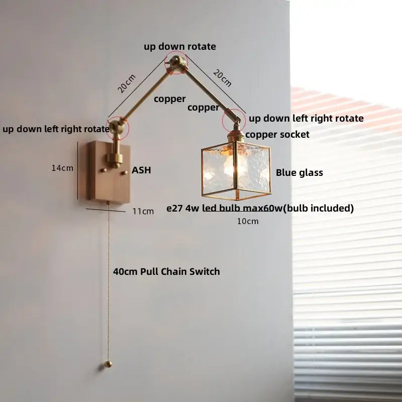 Copper-finished brass decorbites ash wood blue glass wall sconce with adjustable shade and ash wood led bulb for bedroom lighting