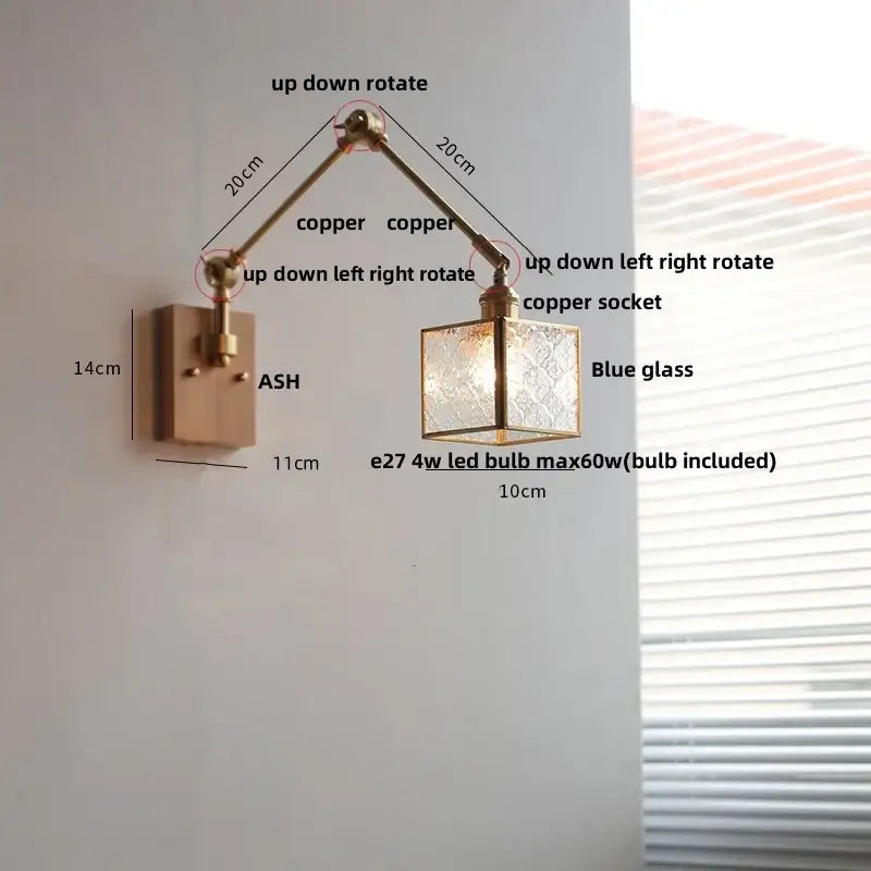 Copper-finished adjustable wall sconce with blue glass etched cube shade and decorbites ash wood for bedroom lighting