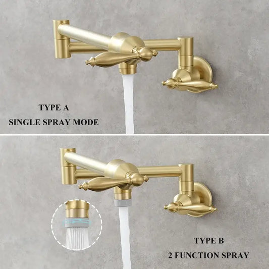Gold-colored brass double joint telescopic kitchen faucet with two spray modes for versatile decorbites brass double use
