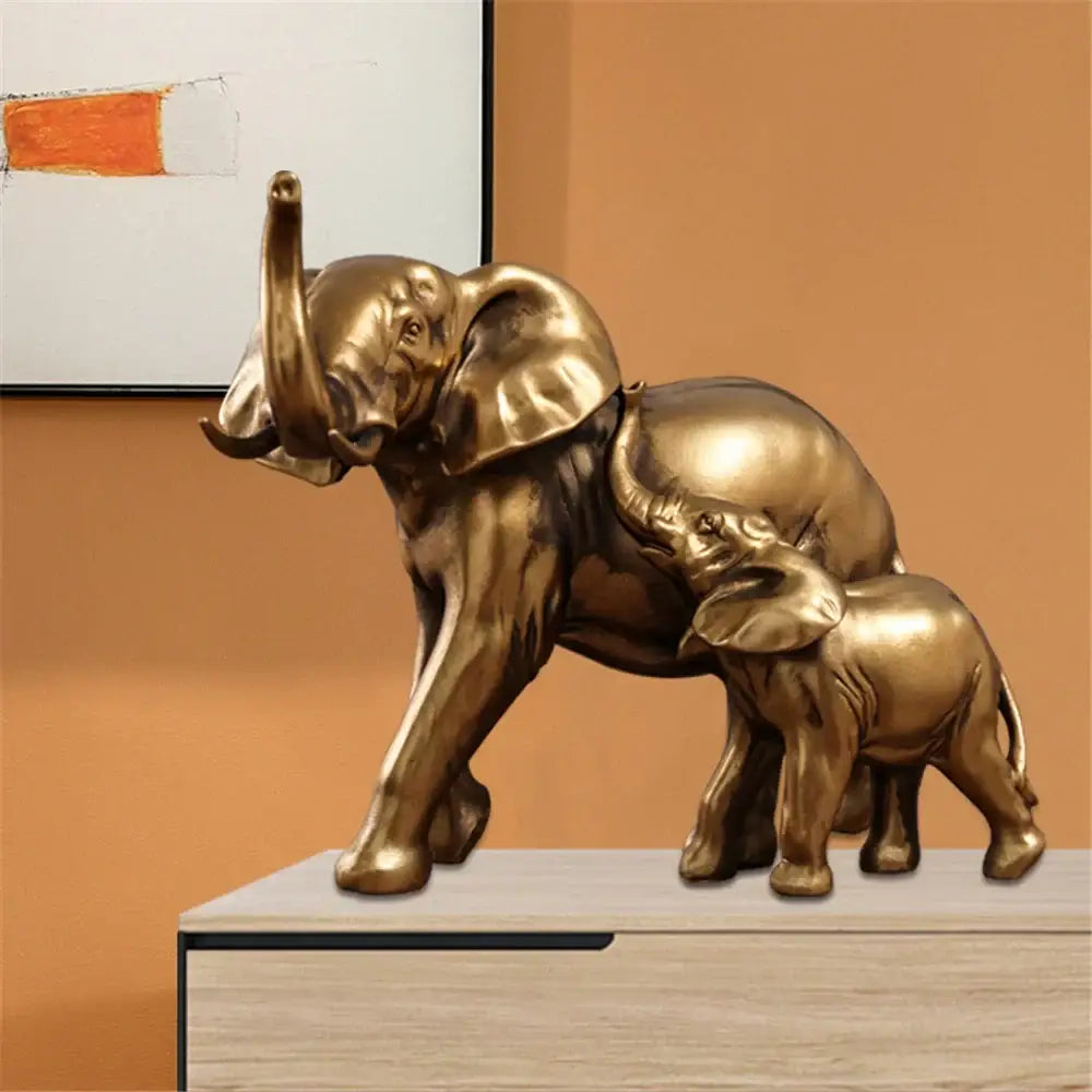 Brass-colored elephant art decor sculpture featuring a mother and calf for living room by decorbites elephant art