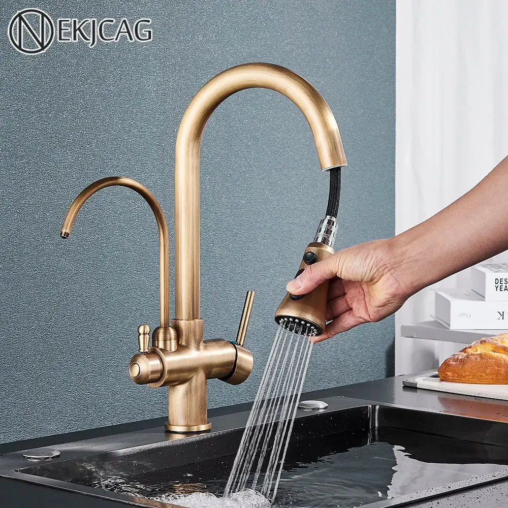 Brass filter kitchen faucet with brass finish, pull-down sprayer, rotatable spout, and dual handles for convenient use