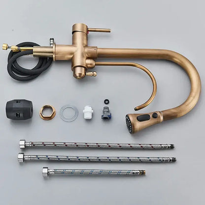Antique brass finish brass filter kitchen faucet with rotatable spout pull-out spray head and flexible braided hoses