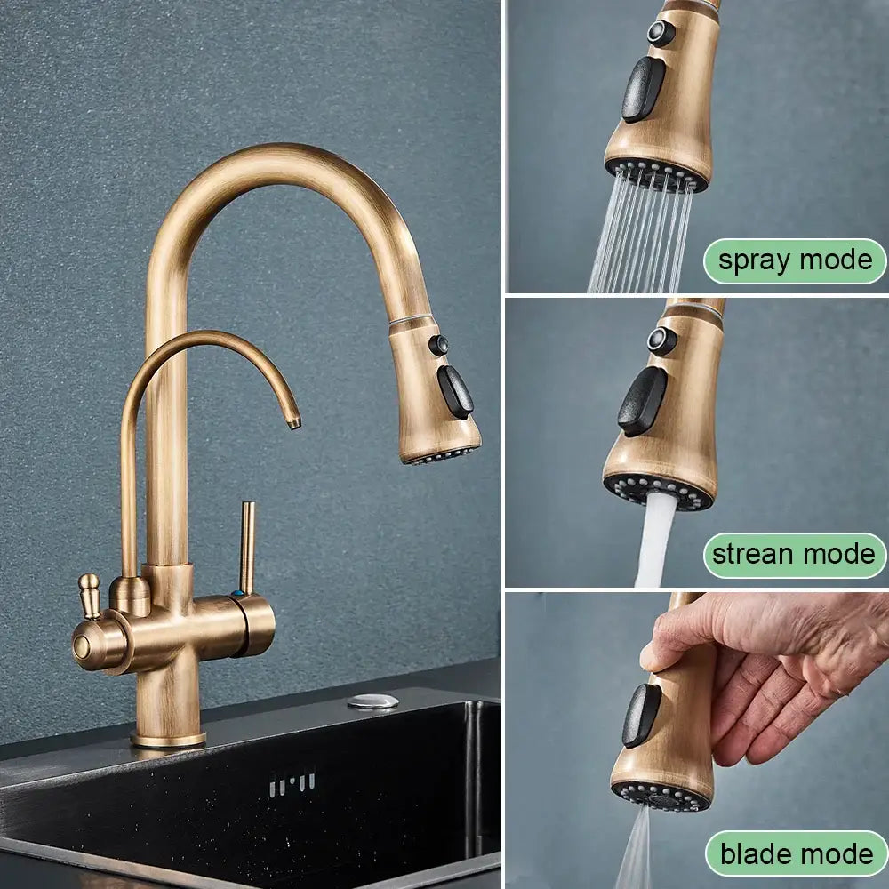 Antique brass finish brass filter kitchen faucet with rotatable spout and pull-out spray offering multiple flow modes