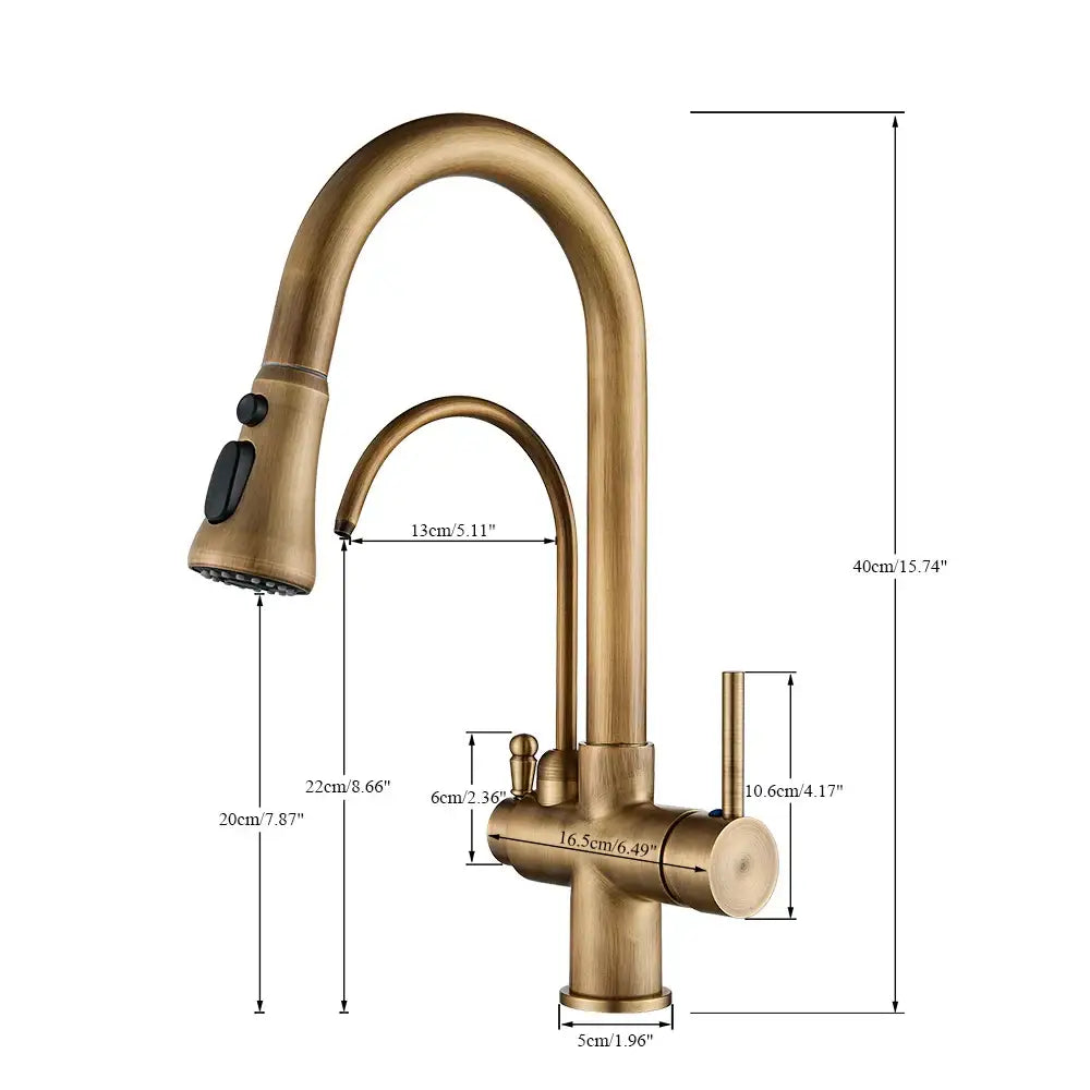 Brass filter kitchen faucet with rotatable spout, pull-down sprayer, brass finish, and black control knobs