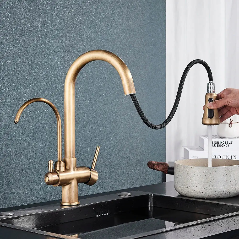 Brass filter kitchen faucet with brass finish, rotatable curved spout, and pull down sprayer for versatile use