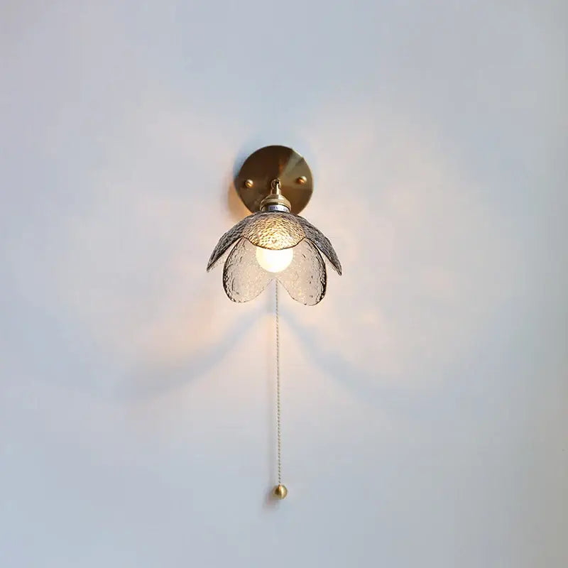 Brass flower gray glass led bathroom wall lamp with textured translucent glass flower shade and elegant pull chain wall lamp