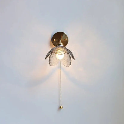 Brass flower gray glass led bathroom wall lamp with textured translucent glass flower shade and elegant pull chain wall lamp