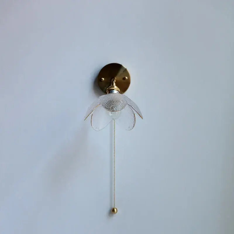 Brass flower gray glass led bathroom wall lamp with delicate translucent glass flower sconce and brass base pull chain