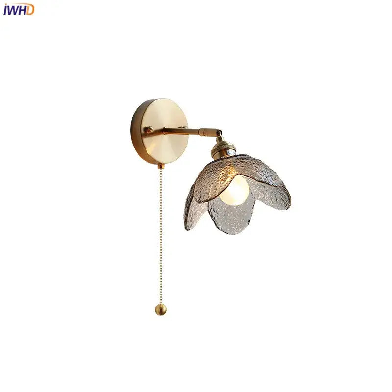 Brass flower gray glass led bathroom wall lamp with textured translucent gray glass shade and pull chain wall lamp