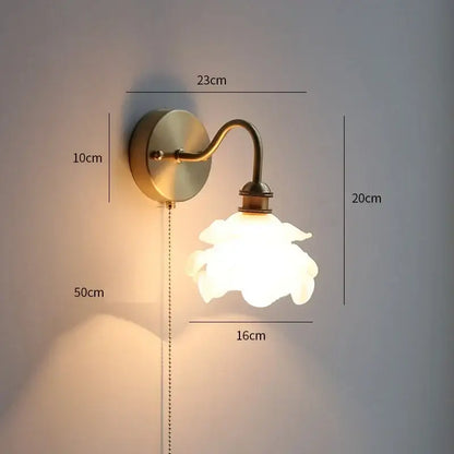 Antique brass glass copper led wall sconce with frosted flower shade and pull chain for bedroom mirror lighting
