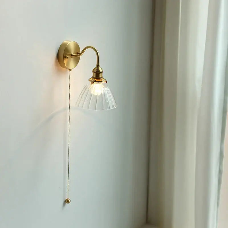 Brass glass copper led wall sconce with clear fluted glass shade and pull chain for bedroom mirror lighting