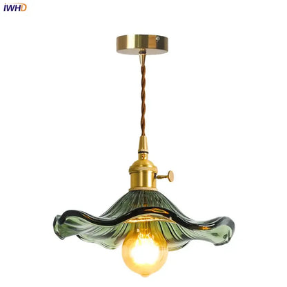 Vintage-style pendant lamp with brass glass lotus finish and wavy green glass shade for dining room decorbites brass glass