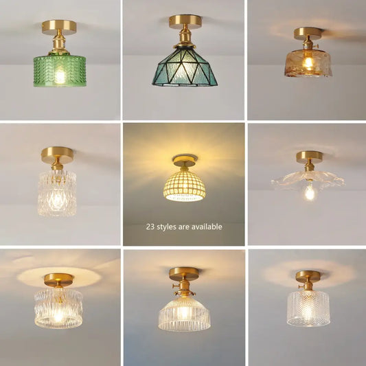 Brass glass shade pendant ceiling lamp with multicolored patterned glass shades for kitchen ceiling lighting