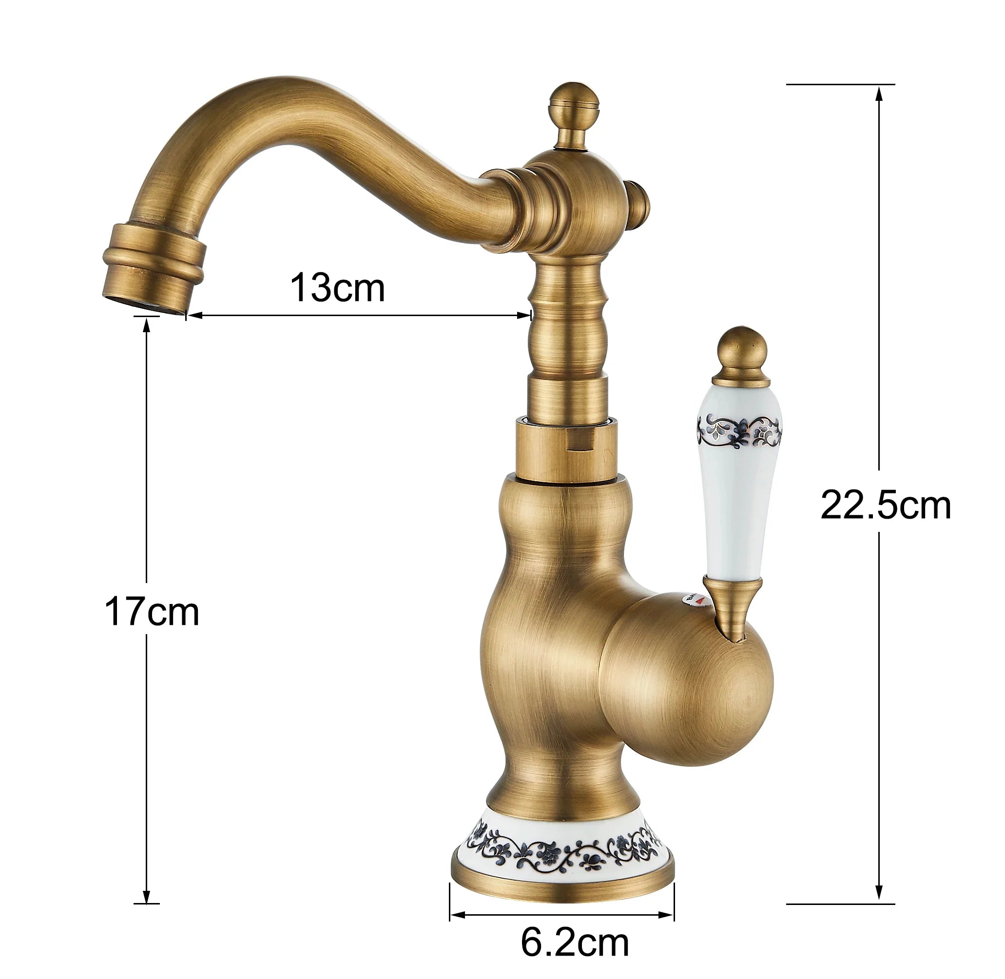 Antique brass deck mounted kitchen faucet with rotating neck and white ceramic handle with black floral patterns