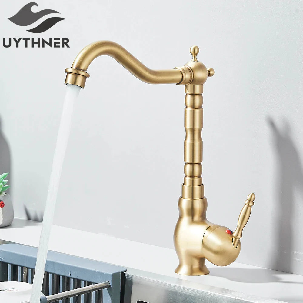 Brass kitchen faucet rotating neck deck mounted with brass finish vintage style curved spout and ornate handle