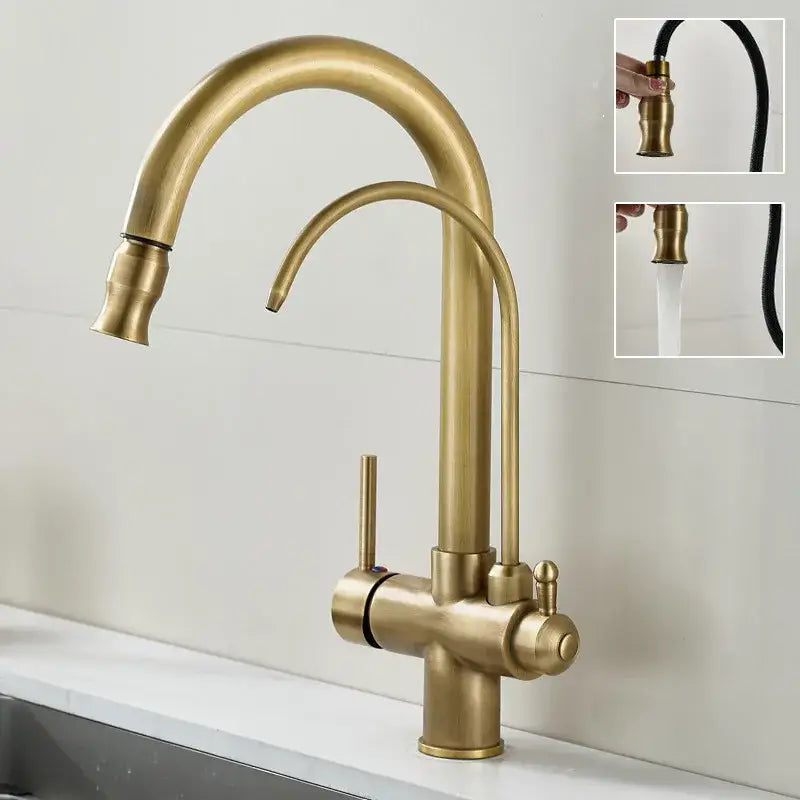 Brass kitchen faucet with curved spout pull-out spray head black hose and water filter tap by decorbites brass kitchen