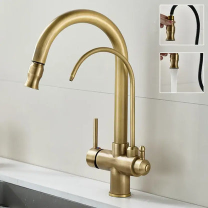 Brass kitchen faucet with curved spout pull-out spray head black hose and water filter tap by decorbites brass kitchen