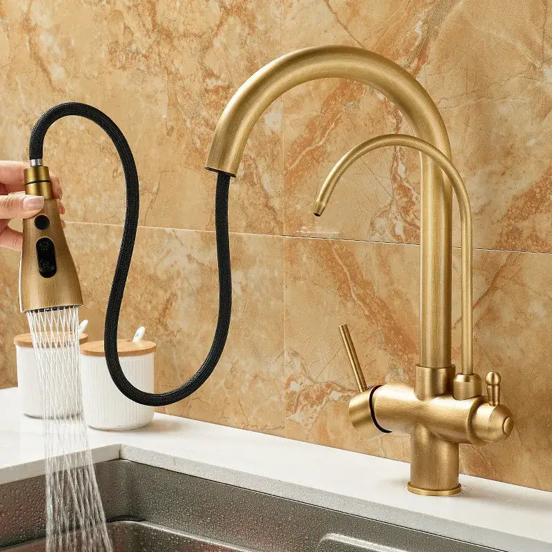 Brass kitchen faucet by decorbites with pull down black hose and water filter tap in brass finish for modern kitchens