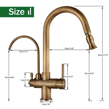 Antique brass kitchen faucet with curved spout pull down spray and water control filter for precise usage