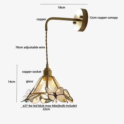 Vintage-style brass orange butterfly stained glass wall light fixture with copper sconce and adjustable wire for bedroom