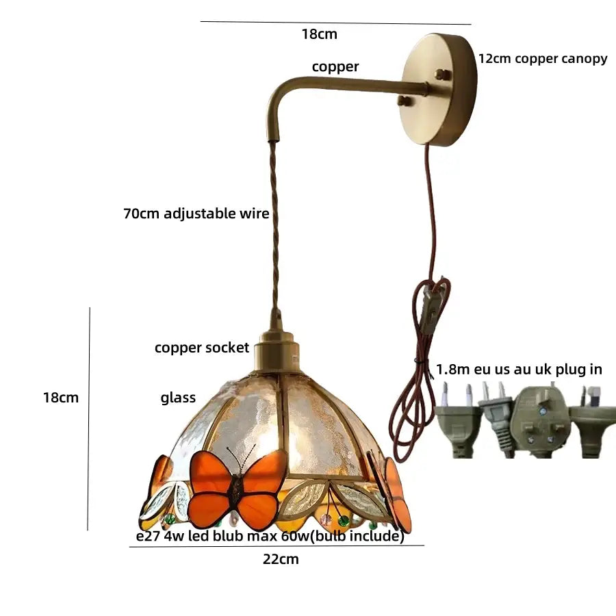 Brass orange butterfly stained glass wall light fixture with copper sconce for bedroom decorative lighting