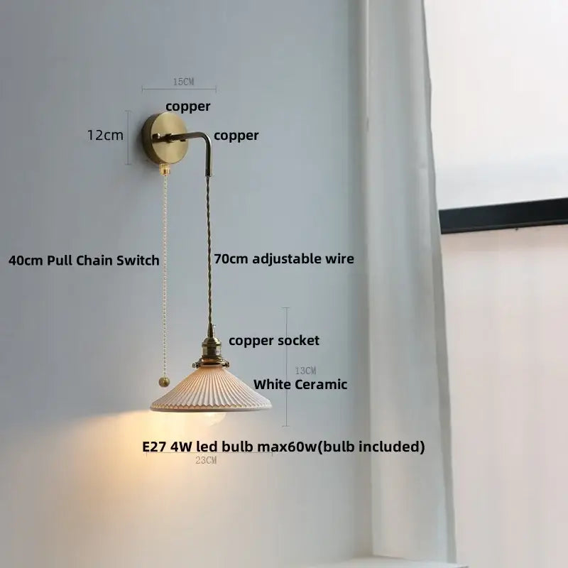Brass petal glass decorbites adjustable led wall light with copper arm and white ceramic fluted shade for bedroom