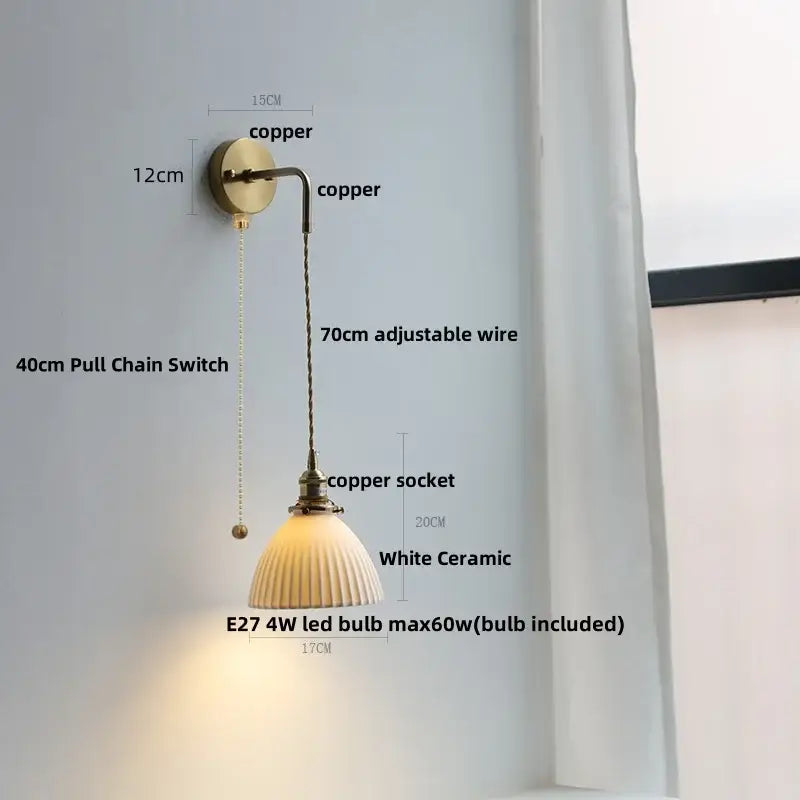 Copper-finished wall light with white ceramic shade and adjustable wire is a decorbites adjustable led bedroom lamp