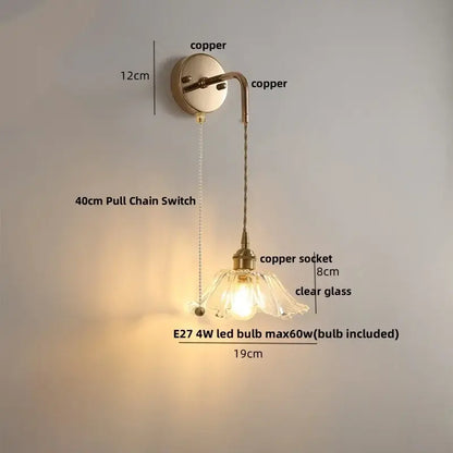 Copper-finished wall light with clear glass flower shade and 40cm pull chain switch for decorbites adjustable led use