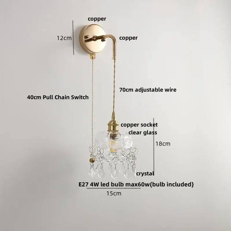 Copper-finished brass petal glass decorbites adjustable led wall light with clear glass shade and crystal droplets
