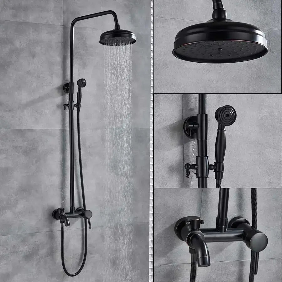 Black matte finished brass rainfall shower faucet with fixed overhead rainhead and handheld spray nozzle bathroom set