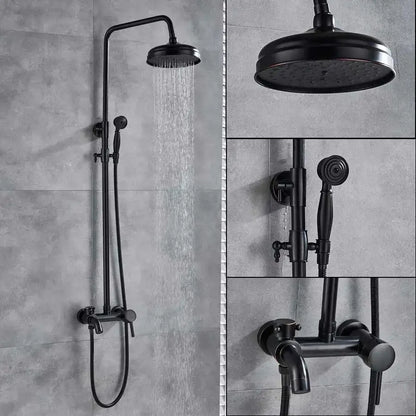 Black matte finished brass rainfall shower faucet with fixed overhead rainhead and handheld spray nozzle bathroom set