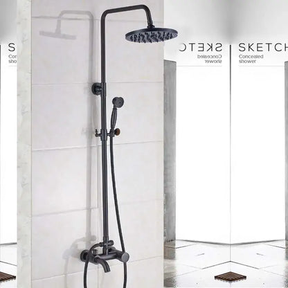 Black matte rainfall shower faucet with round rainhead and handheld spray nozzle bathroom set