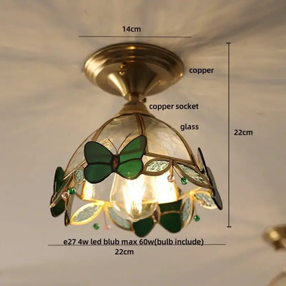 Brass red butterfly glass led ceiling light with green stained-glass butterfly and leaf accents for bedroom decorbites butterfly glass
