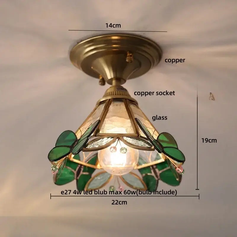 Vintage-style brass red butterfly glass led ceiling light with copper and green leaf stained-glass decorbites butterfly glass design